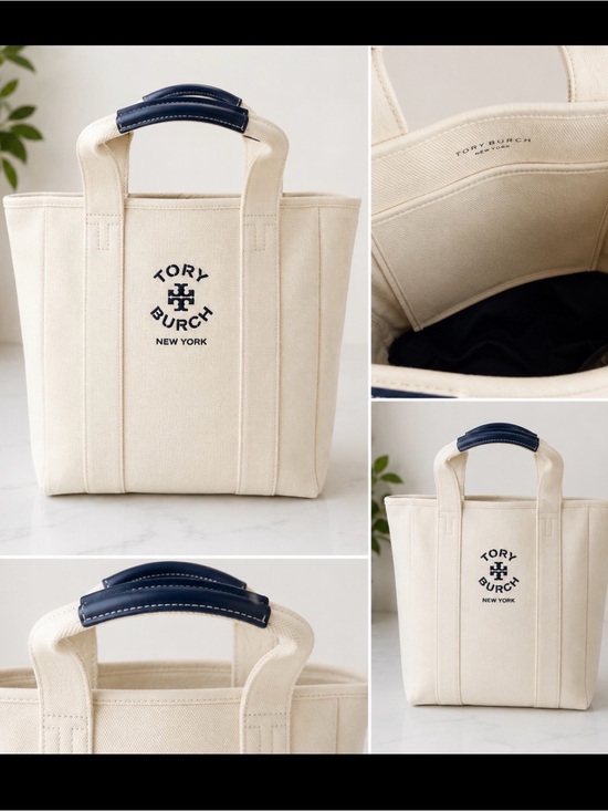 Tory Burch Handbags - Tory Burch Cream Canvas Tote with Navy Handle and Logo